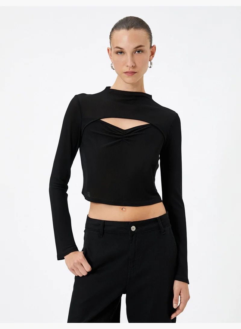كوتون Cut Out Detail Draped Long Sleeve Crop T-Shirt