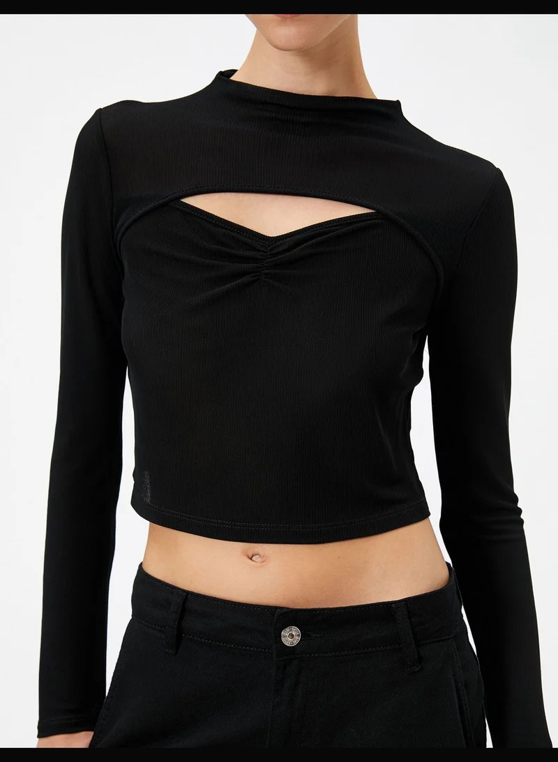 كوتون Cut Out Detail Draped Long Sleeve Crop T-Shirt