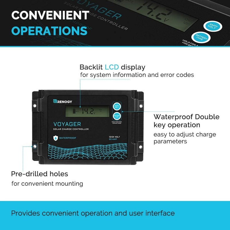 Renogy وحدة تحكم شحن شمسية مقاومة للماء Voyager 20A 12V/24V PWM مع شاشة LCD لبطاريات AGM، جل، مغمورة وليثيوم، تستخدم في المركبات الترفيهية، والمقطورات، والقوارب، واليخوت، Voyager 20A - Image 5