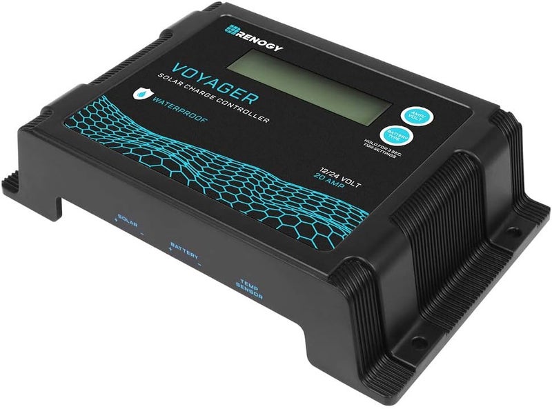 Renogy وحدة تحكم شحن شمسية مقاومة للماء Voyager 20A 12V/24V PWM مع شاشة LCD لبطاريات AGM، جل، مغمورة وليثيوم، تستخدم في المركبات الترفيهية، والمقطورات، والقوارب، واليخوت، Voyager 20A - Image 1