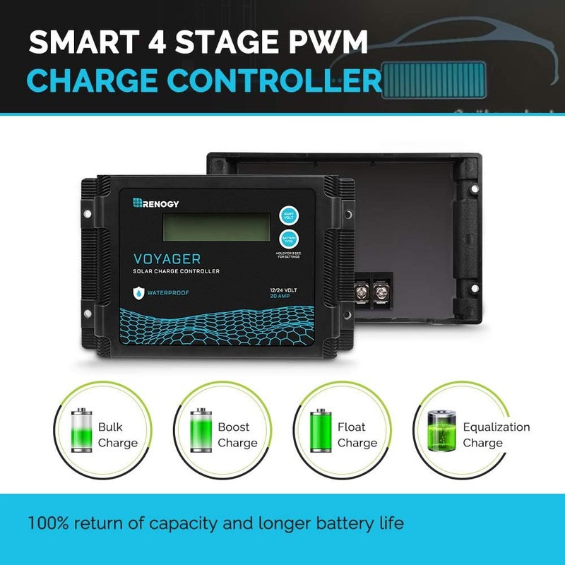 Renogy وحدة تحكم شحن شمسية مقاومة للماء Voyager 20A 12V/24V PWM مع شاشة LCD لبطاريات AGM، جل، مغمورة وليثيوم، تستخدم في المركبات الترفيهية، والمقطورات، والقوارب، واليخوت، Voyager 20A - Image 3