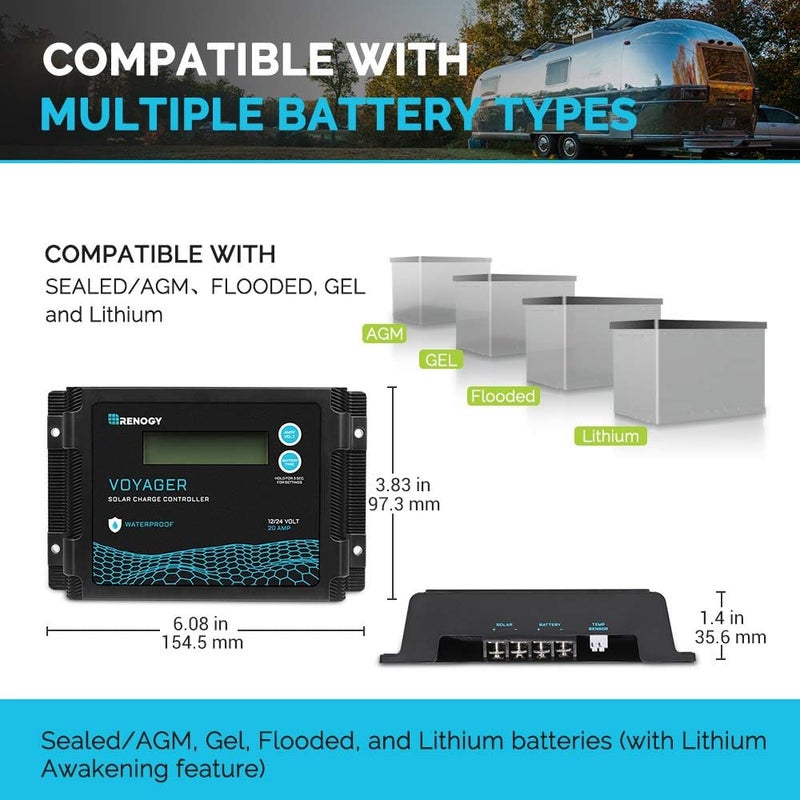 Renogy وحدة تحكم شحن شمسية مقاومة للماء Voyager 20A 12V/24V PWM مع شاشة LCD لبطاريات AGM، جل، مغمورة وليثيوم، تستخدم في المركبات الترفيهية، والمقطورات، والقوارب، واليخوت، Voyager 20A - Image 4