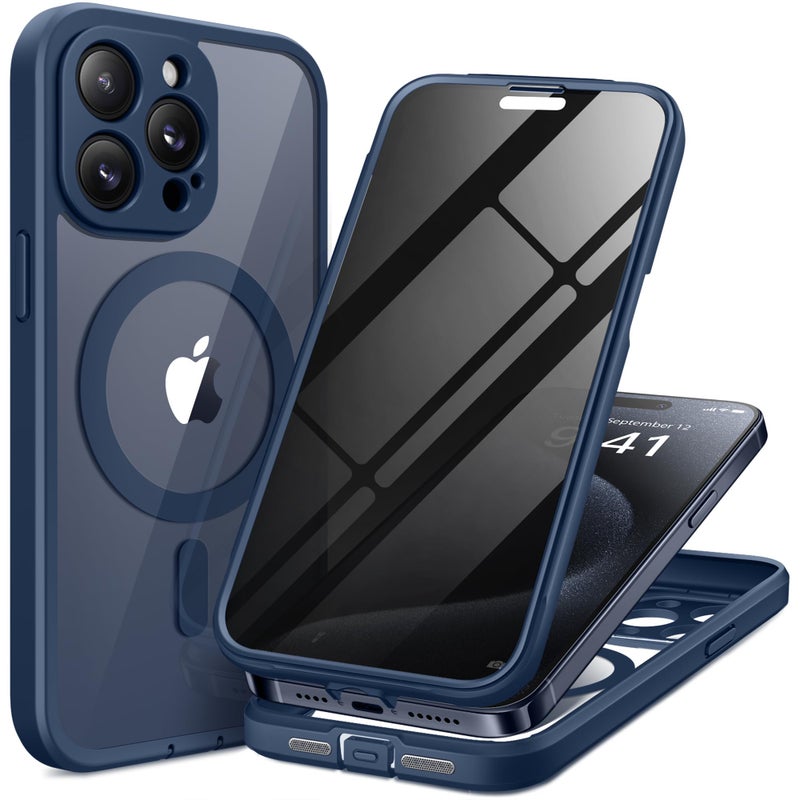 TIESZEN for iPhone 15 Pro Max Case, Compatible with MagSafe, Built-in Privacy Screen Protector and Camera Protection, Anti Spy Full Body Dustproof Shockproof Hard Phone Case 6.7", Dark Blue - Image 1