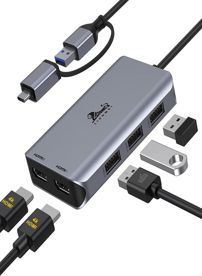 LIONWEI محطة إرساء USB 3.0 إلى منفذي HDMI لأنظمة ويندوز وماك أو إس، محول USB-C/USB 3.0، محطة إرساء لأجهزة الكمبيوتر المحمولة، موزع HDMI لشاشتين لأجهزة ماك بوك برو/إير/M1/M2/ماك، موزع USB-C لأجهزة ديل/إتش بي/لينوفو/سيرفس - Image 1