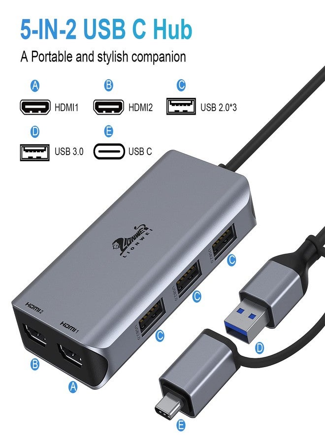 LIONWEI محطة إرساء USB 3.0 إلى منفذي HDMI لأنظمة ويندوز وماك أو إس، محول USB-C/USB 3.0، محطة إرساء لأجهزة الكمبيوتر المحمولة، موزع HDMI لشاشتين لأجهزة ماك بوك برو/إير/M1/M2/ماك، موزع USB-C لأجهزة ديل/إتش بي/لينوفو/سيرفس - Image 4