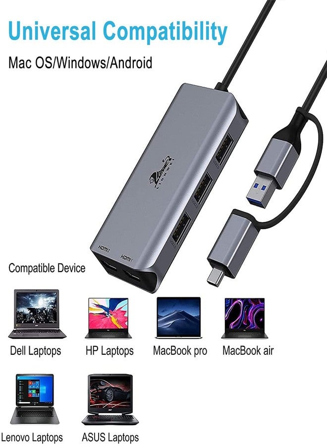 LIONWEI محطة إرساء USB 3.0 إلى منفذي HDMI لأنظمة ويندوز وماك أو إس، محول USB-C/USB 3.0، محطة إرساء لأجهزة الكمبيوتر المحمولة، موزع HDMI لشاشتين لأجهزة ماك بوك برو/إير/M1/M2/ماك، موزع USB-C لأجهزة ديل/إتش بي/لينوفو/سيرفس - Image 3