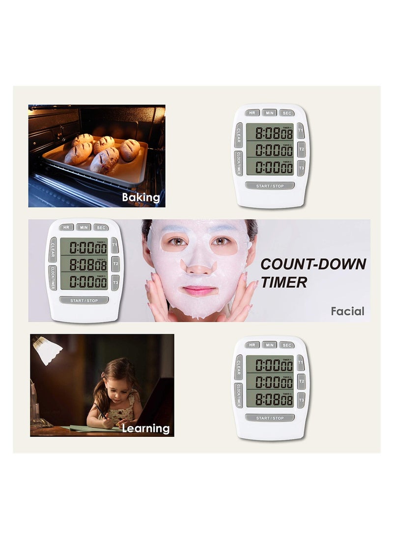 SYOSI - Digital Kitchen Triple Timer, Count-down & Count-up Tracking, Loud Buzzer Reminder, Magnetic Timer with Big Digits and Back Stand for Cooking, Meeting, Classroom, Studying, Exercising (White) - Image 1