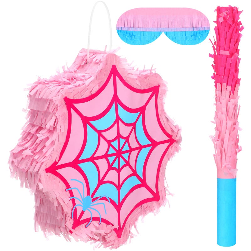 HI-BOOM Pink Spider Pinata Spider Pinata with Blindfold Stick and Confetti Spiderweb Ghost Birthday Party Decoration Game Supply 12 x 12 Small Fillable for Candy and Treats - Image 3