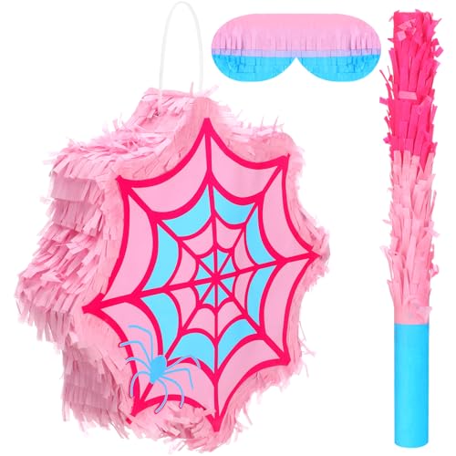 HI-BOOM Pink Spider Pinata Spider Pinata with Blindfold Stick and Confetti Spiderweb Ghost Birthday Party Decoration Game Supply 12 x 12 Small Fillable for Candy and Treats - Image 1