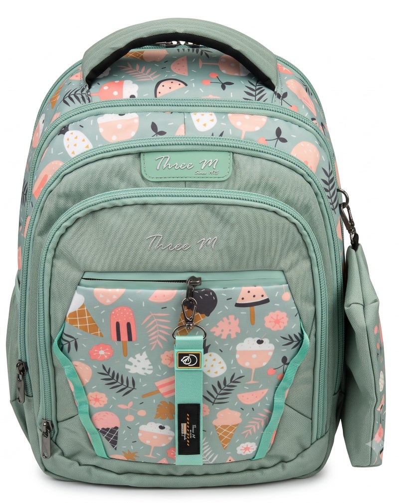 Three M Backpack 5-Zip Wide Opening With Pencil Case Green Ice Cream Pattern - Image 1