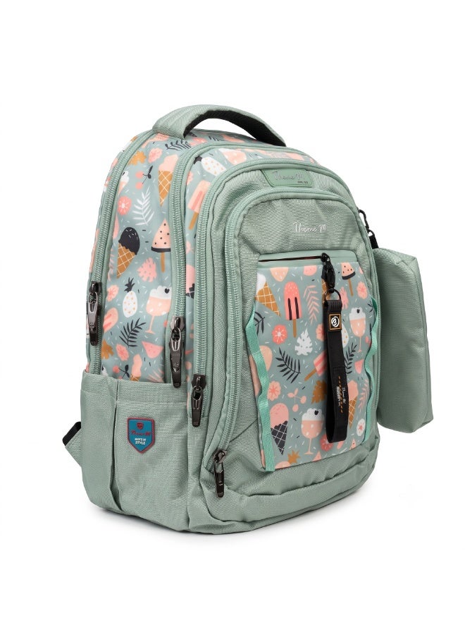 Three M Backpack 5-Zip Wide Opening With Pencil Case Green Ice Cream Pattern - Image 3