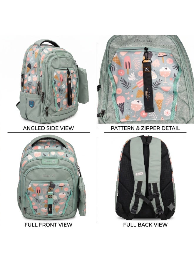 Three M Backpack 5-Zip Wide Opening With Pencil Case Green Ice Cream Pattern - Image 2