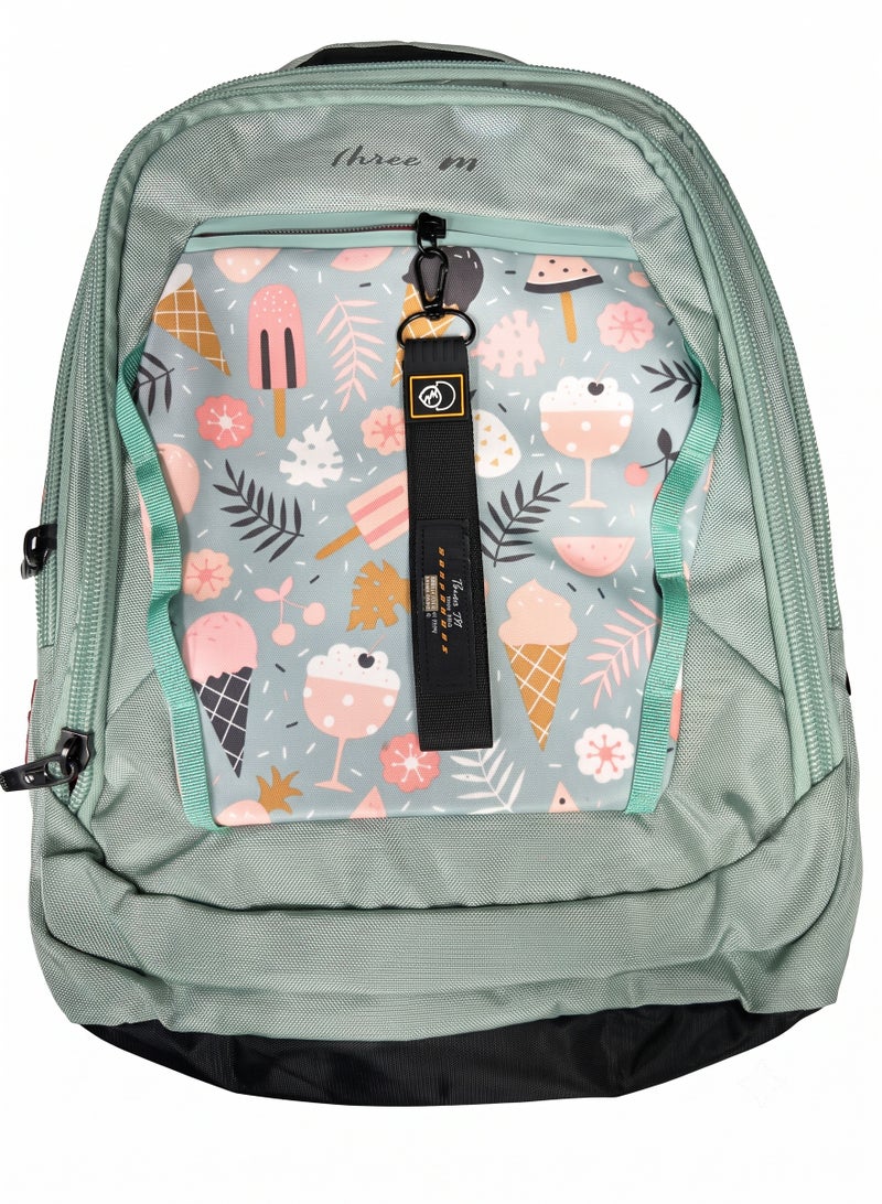 Three M Backpack 5-Zip Wide Opening With Pencil Case Green Ice Cream Pattern - Image 4