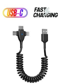 3 in 1 Coiled Lightning Cable for Car Coil iPhone Charger Cable, USB Cable Fast Charger Compatible with Lightning Type-C Micro USB for iPhone 14 13 12 11 XS XR X 8 7 Support iOS Android Tablets PC