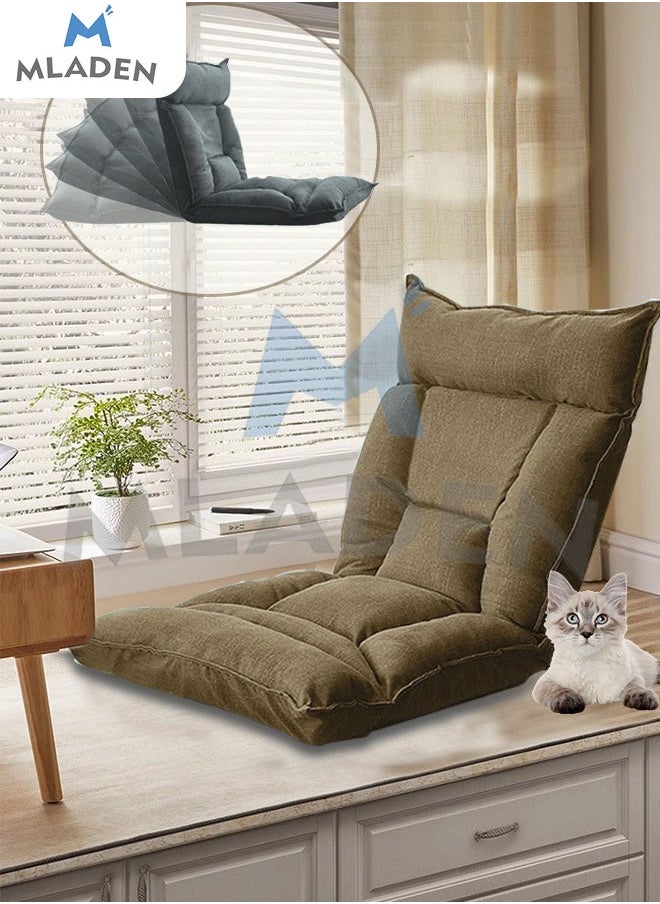 Floor Chair with Back Support Folding Lazy Floor Sofa Cushion Lazy Couch Tatami Lounger Floor Seat with 6-Position Adjustable Backrest Neck Pillow Fully Assembled for Meditating Reading Gaming Brown