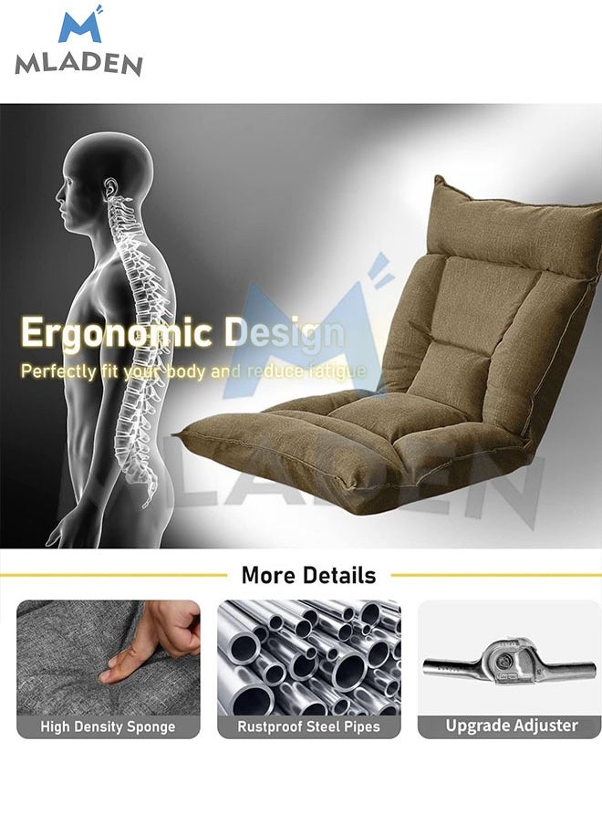 Floor Chair with Back Support Folding Lazy Floor Sofa Cushion Lazy Couch Tatami Lounger Floor Seat with 6-Position Adjustable Backrest Neck Pillow Fully Assembled for Meditating Reading Gaming Brown