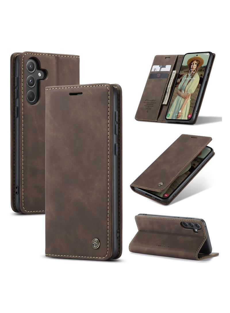 CaseMe Phone Case Luxury PU Leather Design 013 Flip Cover Card Slot Holder Cover For Samsung Galaxy A55 (Coffe) - Image 1