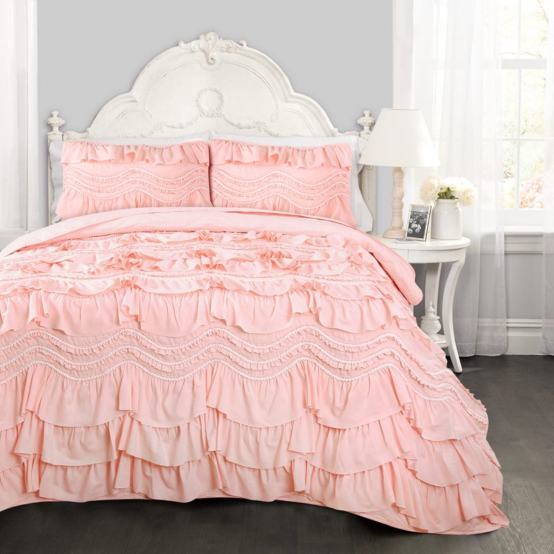 Lush Decor Kemmy Quilt  Ruffled Textured 3 Piece Full Queen Size Bedding Set PeachBlush