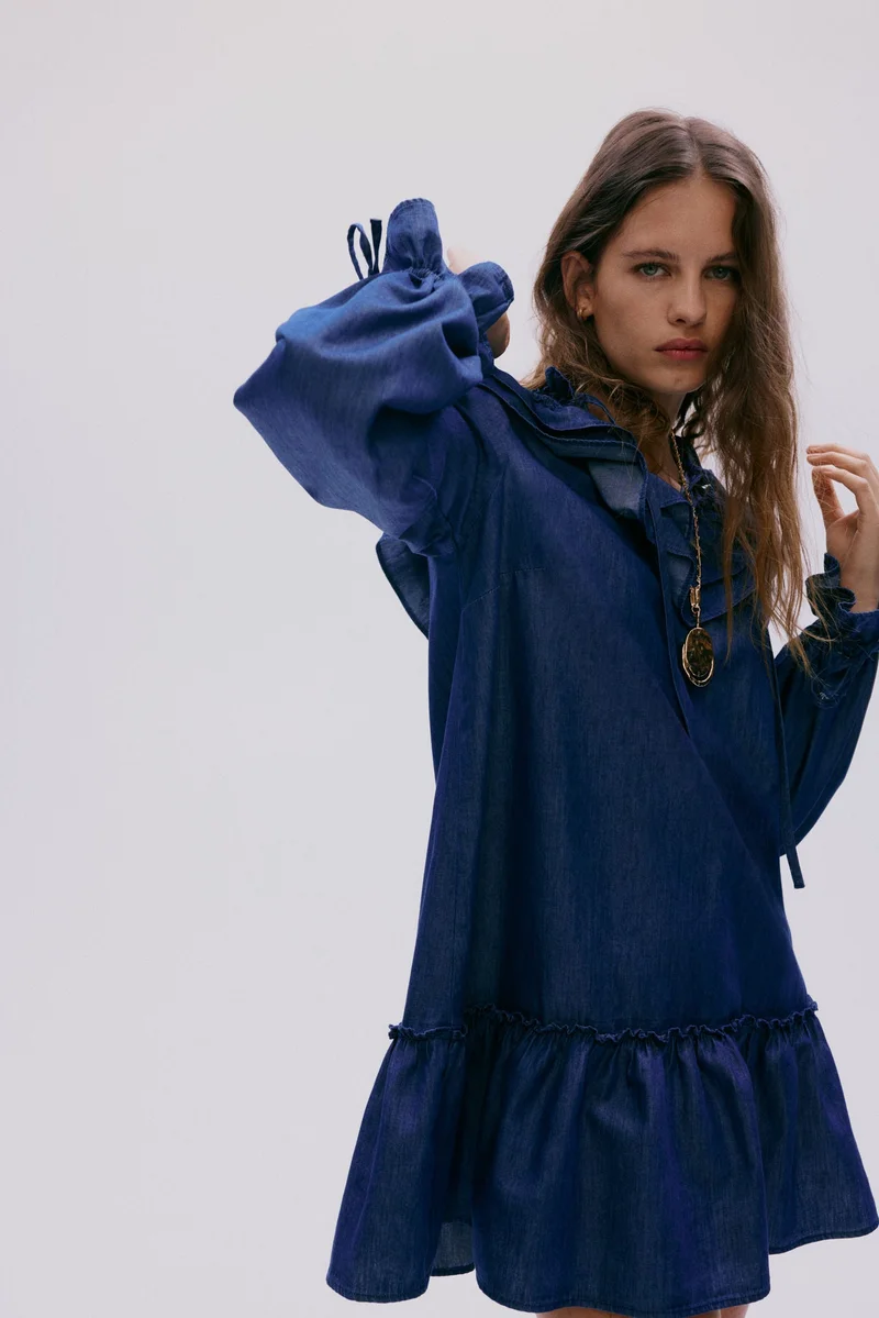 H&M  Frill-trimmed denim dress for Women | Best Price UAE