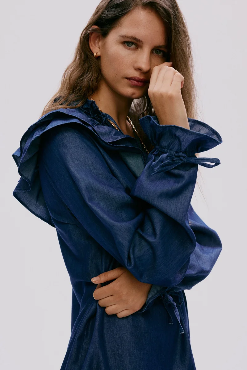 H&M  Frill-trimmed denim dress for Women | Best Price UAE
