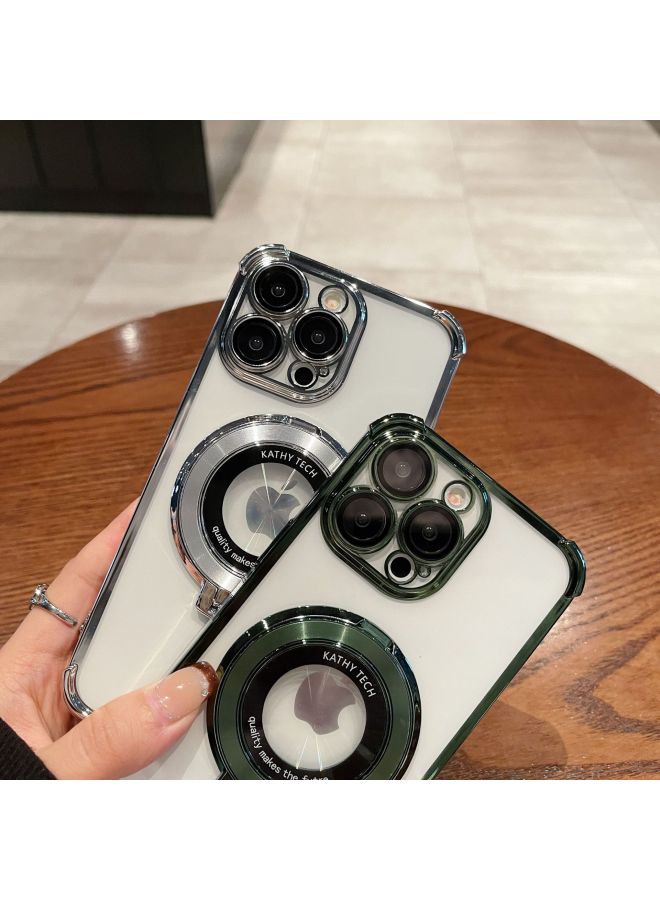 Suitable For IPhone16PRO Airbag Anti-fall Mobile Phone Case Electroplated Transparent Bracket Magnetic Suction Apple 15 Soft TPU Sheath-Color:Black-Applicable Model:Iphone16e/se4 Universal