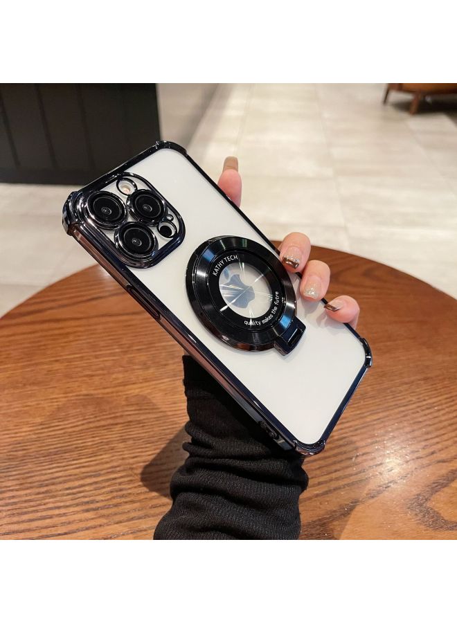 Suitable For IPhone16PRO Airbag Anti-fall Mobile Phone Case Electroplated Transparent Bracket Magnetic Suction Apple 15 Soft TPU Sheath-Color:Black-Applicable Model:Iphone16e/se4 Universal