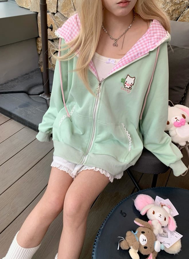 Dynict Womens Y2K Zip Up Cute Graphic Hoodies Cat Ears Casual Cartoon Harajuku Kawaii Clothes Oversize Streetwear Jacket, Green, XL - Image 3