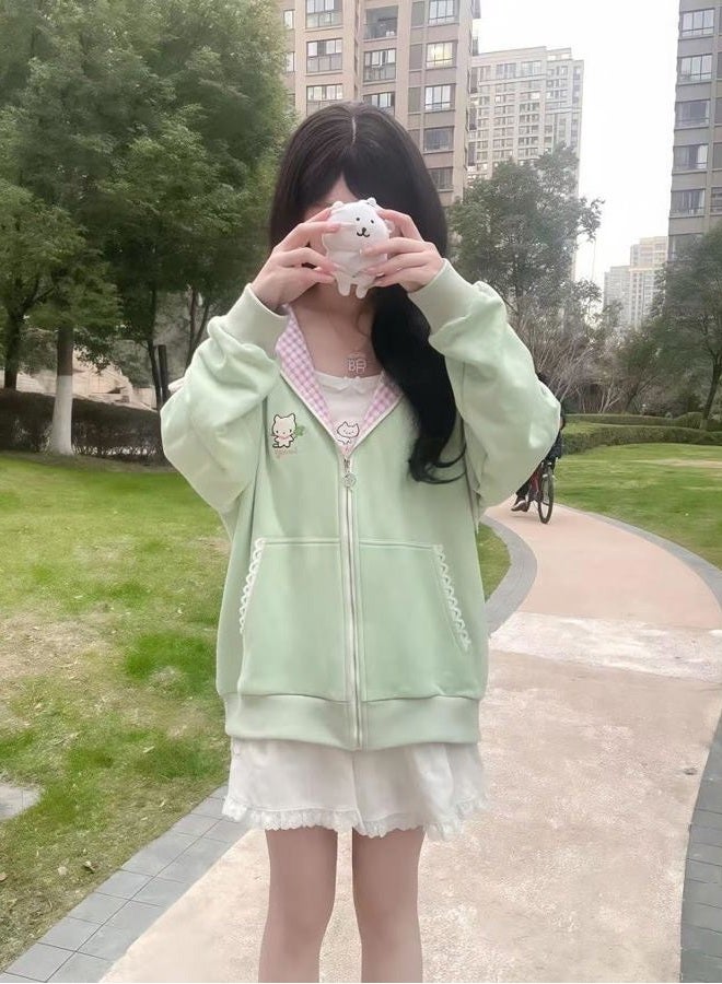 Dynict Womens Y2K Zip Up Cute Graphic Hoodies Cat Ears Casual Cartoon Harajuku Kawaii Clothes Oversize Streetwear Jacket, Green, XL - Image 2