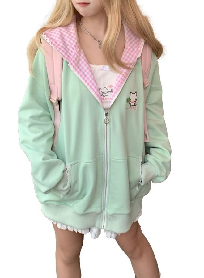 Dynict Womens Y2K Zip Up Cute Graphic Hoodies Cat Ears Casual Cartoon Harajuku Kawaii Clothes Oversize Streetwear Jacket, Green, XL - Image 1