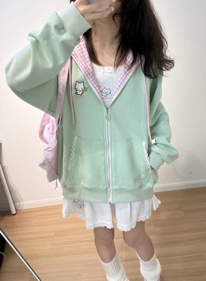 Dynict Womens Y2K Zip Up Cute Graphic Hoodies Cat Ears Casual Cartoon Harajuku Kawaii Clothes Oversize Streetwear Jacket, Green, XL - Image 5