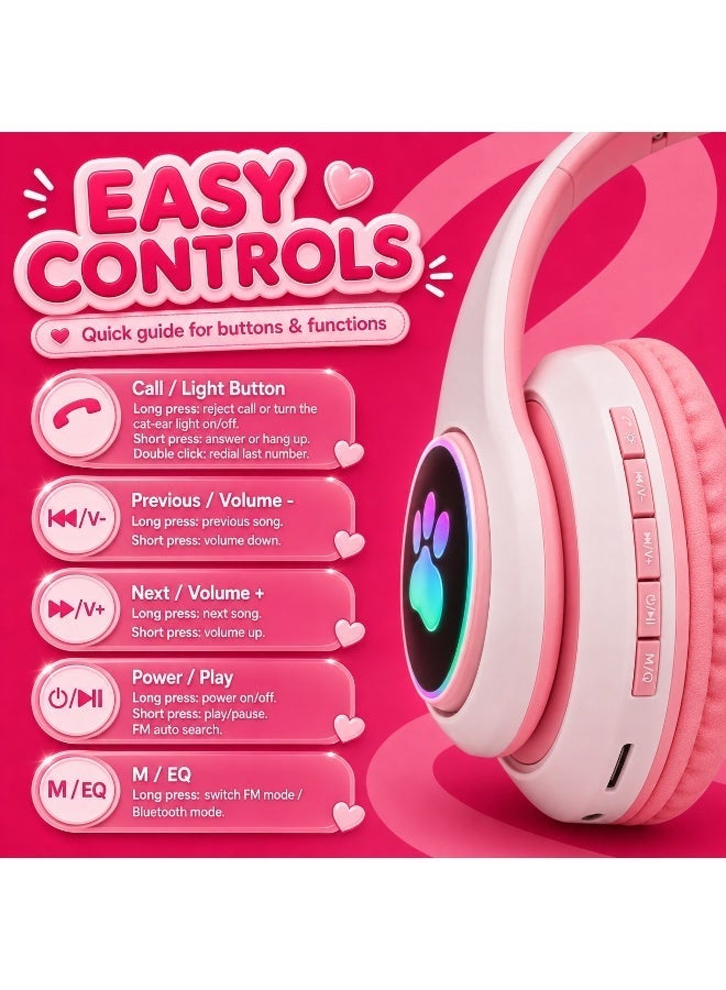 STN Wireless Bluetooth Headphones with LED Light & Paw Print Design | Foldable Over-Ear Headset with Mic, Stereo Sound, Adjustable Headband – for Kids, Teens & Adults - Image 3