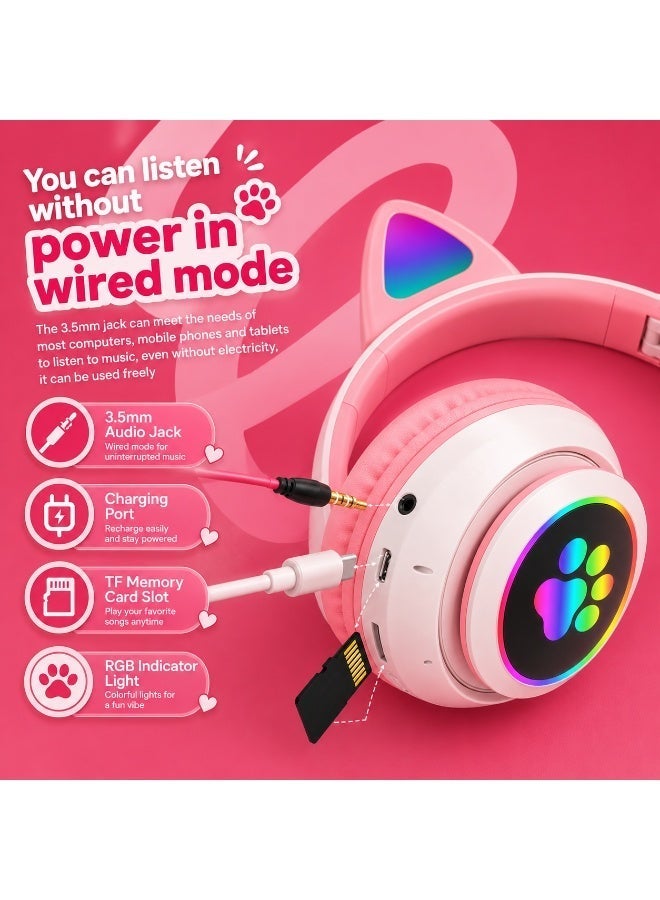 STN Wireless Bluetooth Headphones with LED Light & Paw Print Design | Foldable Over-Ear Headset with Mic, Stereo Sound, Adjustable Headband – for Kids, Teens & Adults - Image 4