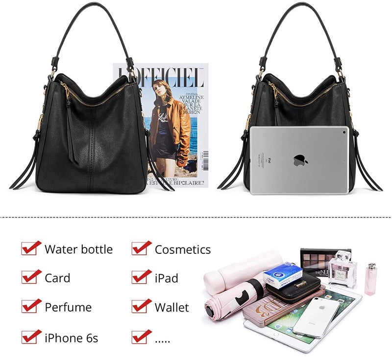 INOVERA (LABEL) Faux Leather Women Handbags Shoulder Hobo Bag Ladies Big Purse With Long Strap (Black) - Image 4