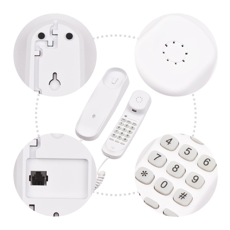Corded Phone: White Compact Lightweight Landline - Space-Saving Integrated Button Design, Wall-Mountable Desktop Corded Telephone for Home, Hotel, Office, Call Center - Image 5