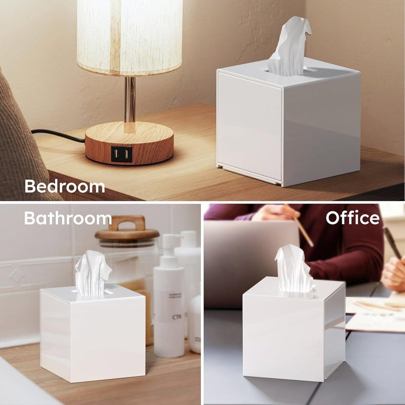 FEMELI Tissue Box Cover,Square Acrylic Tissues Paper Holder for Bathroom Bedroom Office,White - Image 4