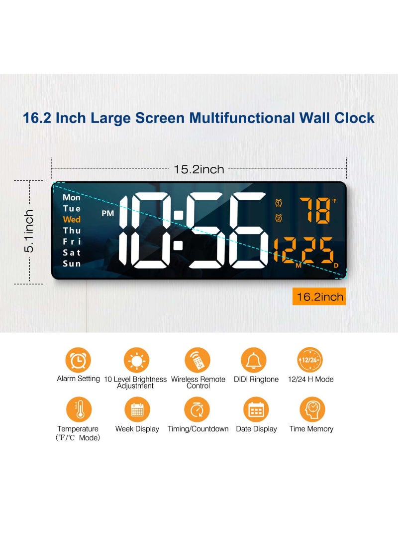 Hulami - Digital Wall Clock - 16.2 Inch Large Display LED Digital Clock with Remote Control for Living Room Decor, Automatic Brightness Dimmer with Date Week Temperature(Orange） - Image 1