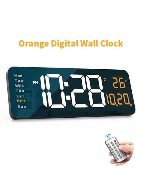 Digital Wall Clock - 16.2 Inch Large Display LED Digital Clock with Remote Control for Living Room Decor, Automatic Brightness Dimmer with Date Week Temperature(Orange）