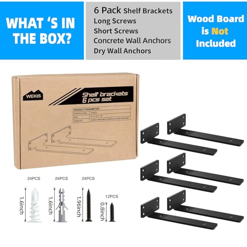 WEKIS Shelf Brackets Floating Shlef Brackets 10-Inch 6-Packs, 1/5-Inch Thick Heavy Duty Shelving Brackets for Wood Shelves, 10" Hidden Black Metal L Bracket Shelf Bracket Supports with 160 Lbs Load Capacity - Image 4