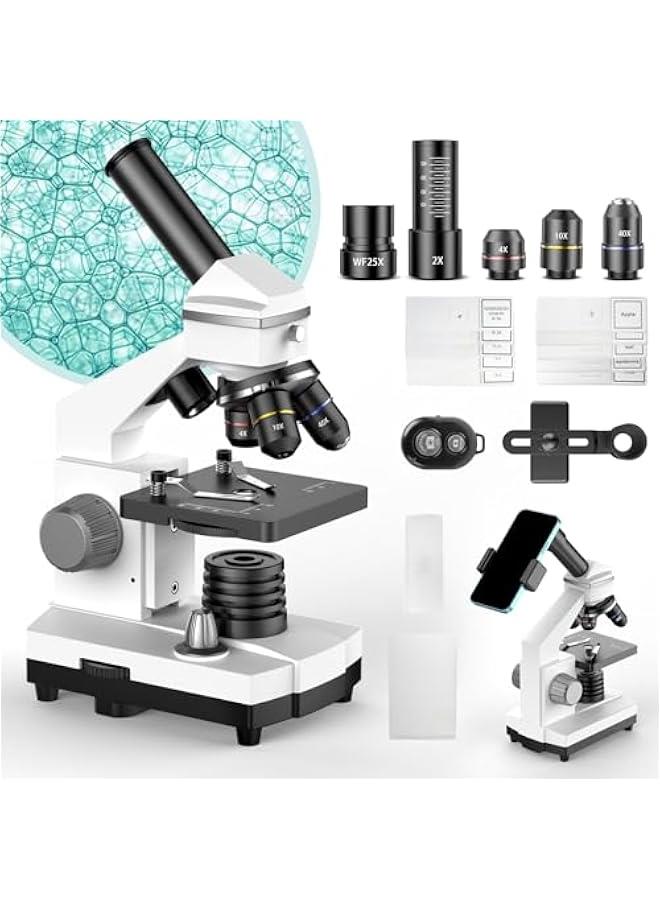 Arabest Professional Compound Microscopes for Adults, Kids 8-12 & Students | 2000X Magnification Lab & Home Microscope with Phone Adapter, Complete Slides Set (Gray White)  - Image 1