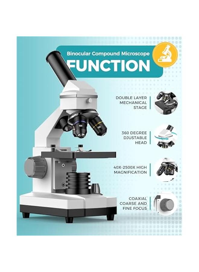 Arabest Professional Compound Microscopes for Adults, Kids 8-12 & Students | 2000X Magnification Lab & Home Microscope with Phone Adapter, Complete Slides Set (Gray White)  - Image 3