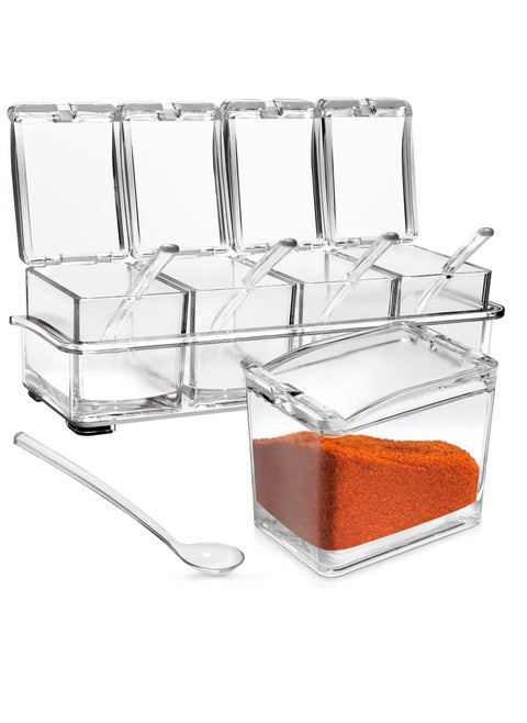 4-Cell Acrylic Clear Seasoning Rack Spice Box, Storage Container Condiment Jars with Cover and Spoon