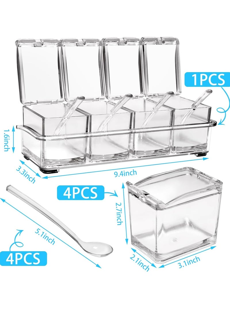 4-Cell Acrylic Clear Seasoning Rack Spice Box, Storage Container Condiment Jars with Cover and Spoon