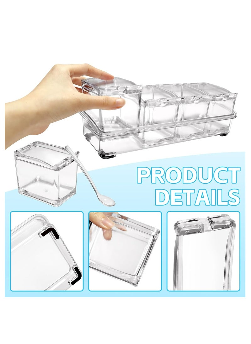 4-Cell Acrylic Clear Seasoning Rack Spice Box, Storage Container Condiment Jars with Cover and Spoon