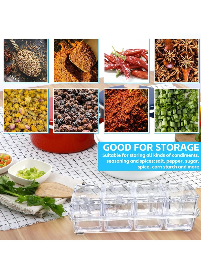 4-Cell Acrylic Clear Seasoning Rack Spice Box, Storage Container Condiment Jars with Cover and Spoon