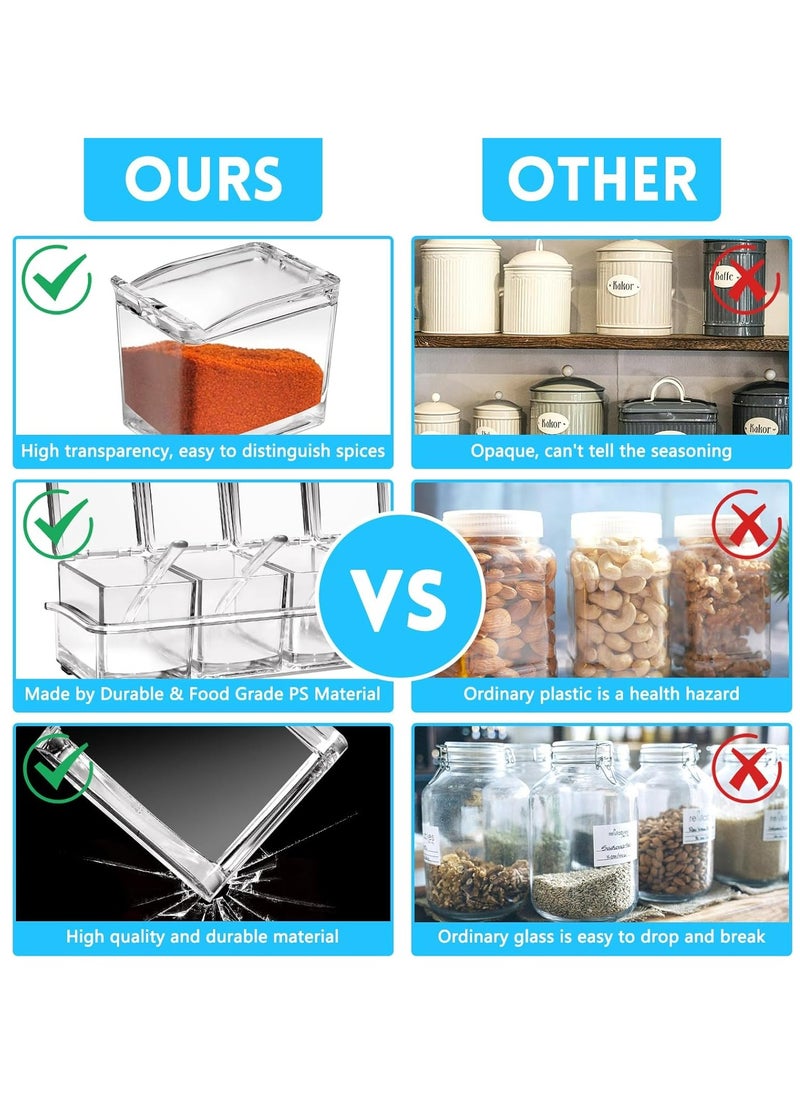 4-Cell Acrylic Clear Seasoning Rack Spice Box, Storage Container Condiment Jars with Cover and Spoon