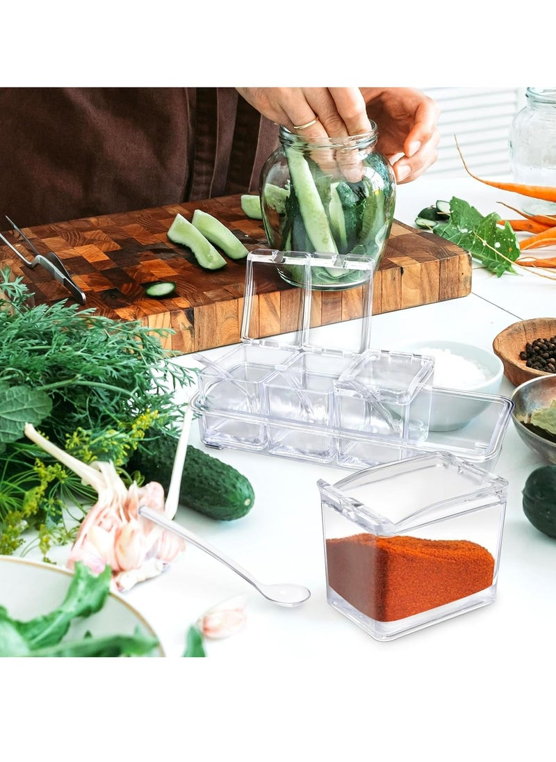 4-Cell Acrylic Clear Seasoning Rack Spice Box, Storage Container Condiment Jars with Cover and Spoon