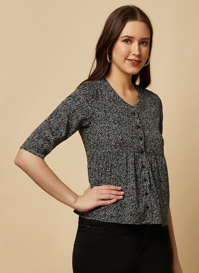 RAASSIO بلوزة نسائية بتصميم تجريدي مطبوع على شكل V - Image 3