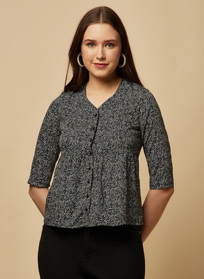 RAASSIO بلوزة نسائية بتصميم تجريدي مطبوع على شكل V - Image 1