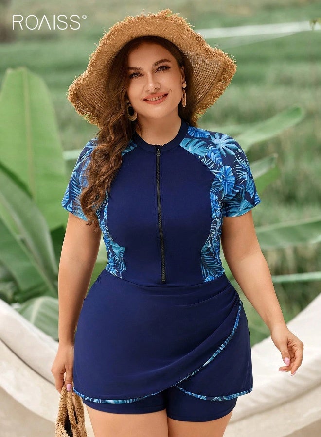 roaiss Plus Size Women's One Piece Swimsuit  Comfortable Breathable Conservative Swimwear Short Sleeves, Front Zipper Closure Colorful Print  Irregular Hem  Perfect for Surfing, Beach Vacations, and Pool Activities Blue - Image 3