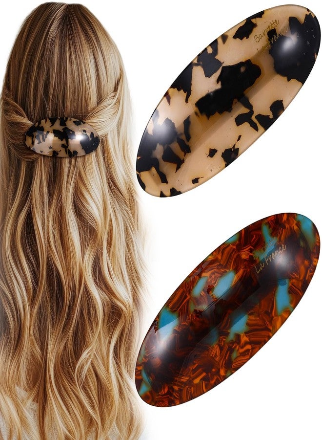 Winsyison 2pcs Acetate French Hair Barrette, Large Vintage French Hair Clips Barrettes, Oval Tortoise Shell Clips Accessories for Women Thick Thin Long Wavy Hairstyle- Light Tortoiseshell & Blue-Brown - Image 1